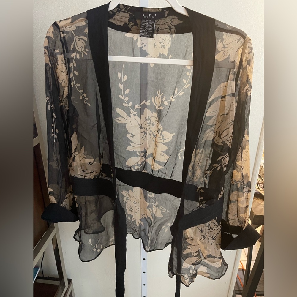ECI Sheer Black Floral Tie-Front Blouse with Cream Blooms